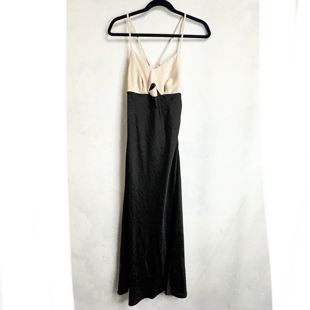 House of Harlow 1960 V Neck Maxi Slip Dress Black Cream Small Satin Cutout